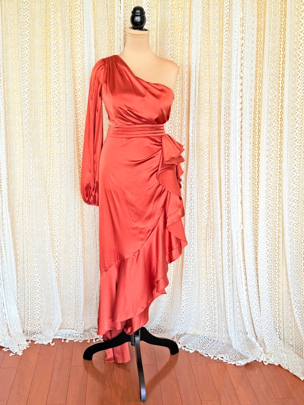 Sultry Flamenco Orange Satin One Shoulder Cutout Ruffle Formal Gown Luxxel Sz M - Picture 6 of 17